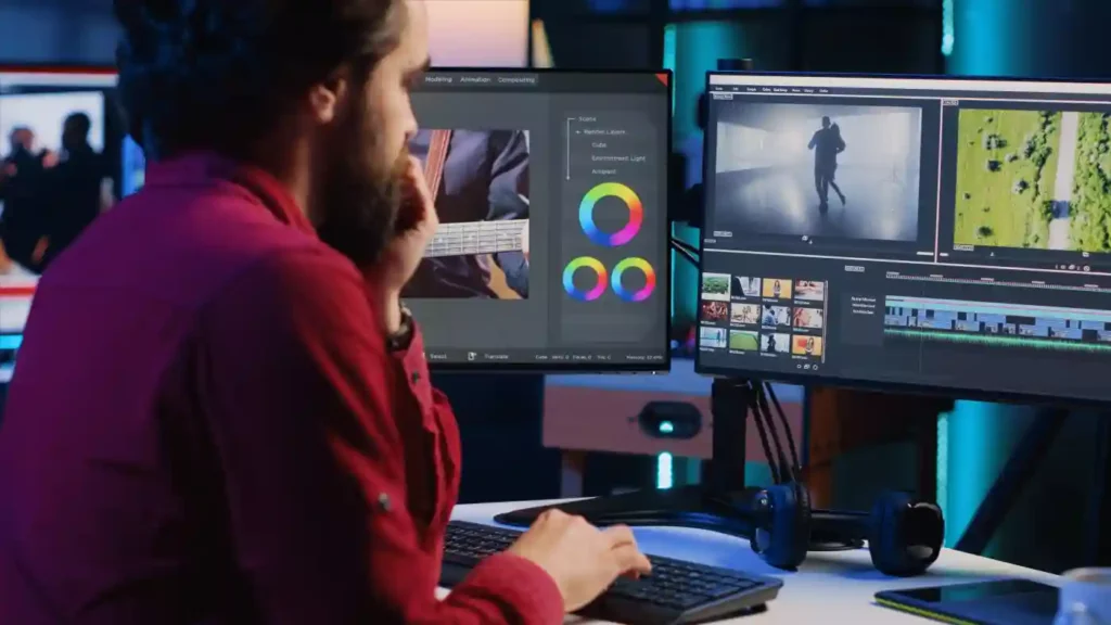 professionnel en post-production travaillant sur le montage et l'étalonnage chez Crea Image