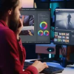 professionnel en post-production travaillant sur le montage et l'étalonnage chez Crea Image
