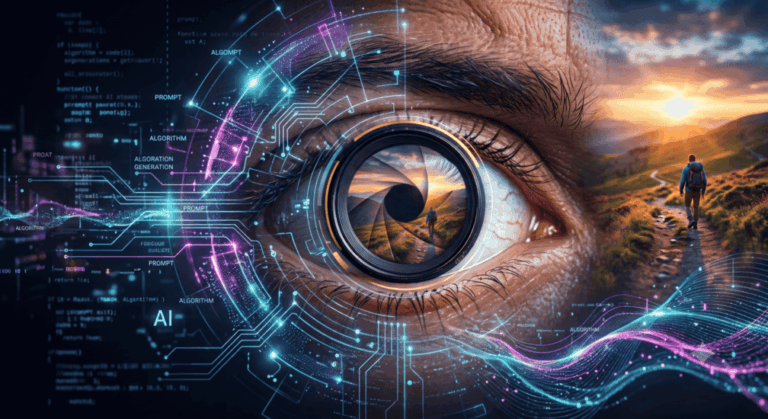Oeil humain d'un photographe analysant un paysage comme une IA