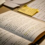 Carnet de notes manuscrites et feuilles annotées pour écrire un scénario en 3 actes